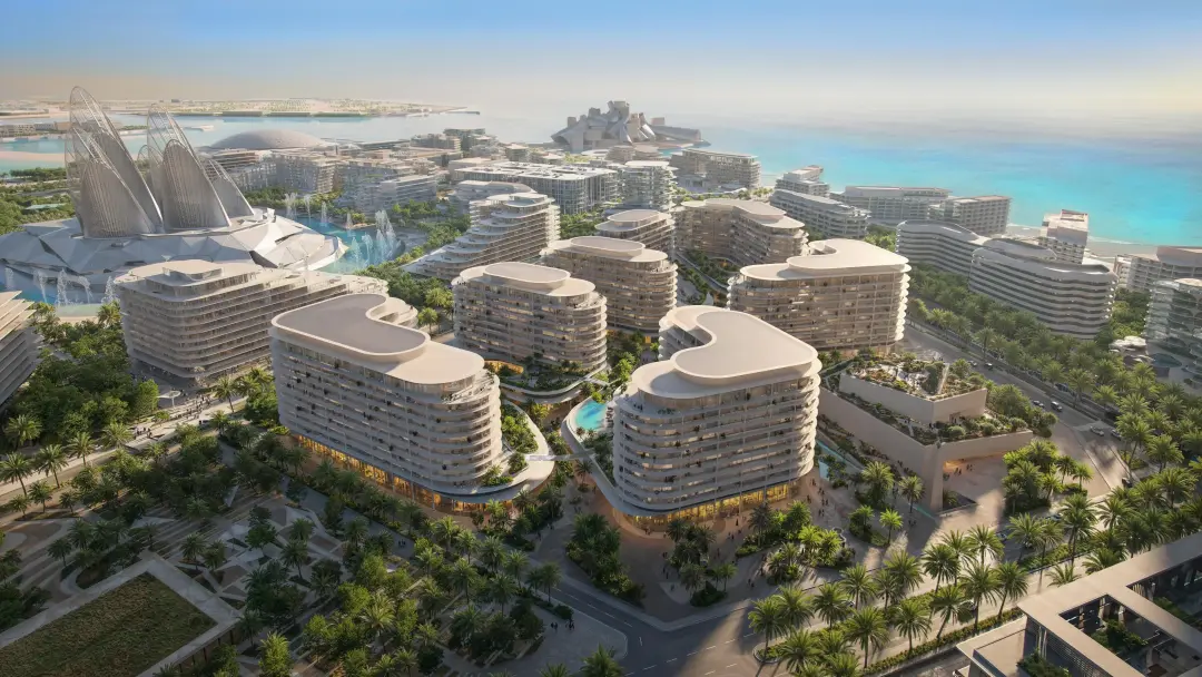 Aerial view of The Row Saadiyat highlighting Saadiyat Cultural District location, premium lifestyle, and iconic Abu Dhabi landmarks