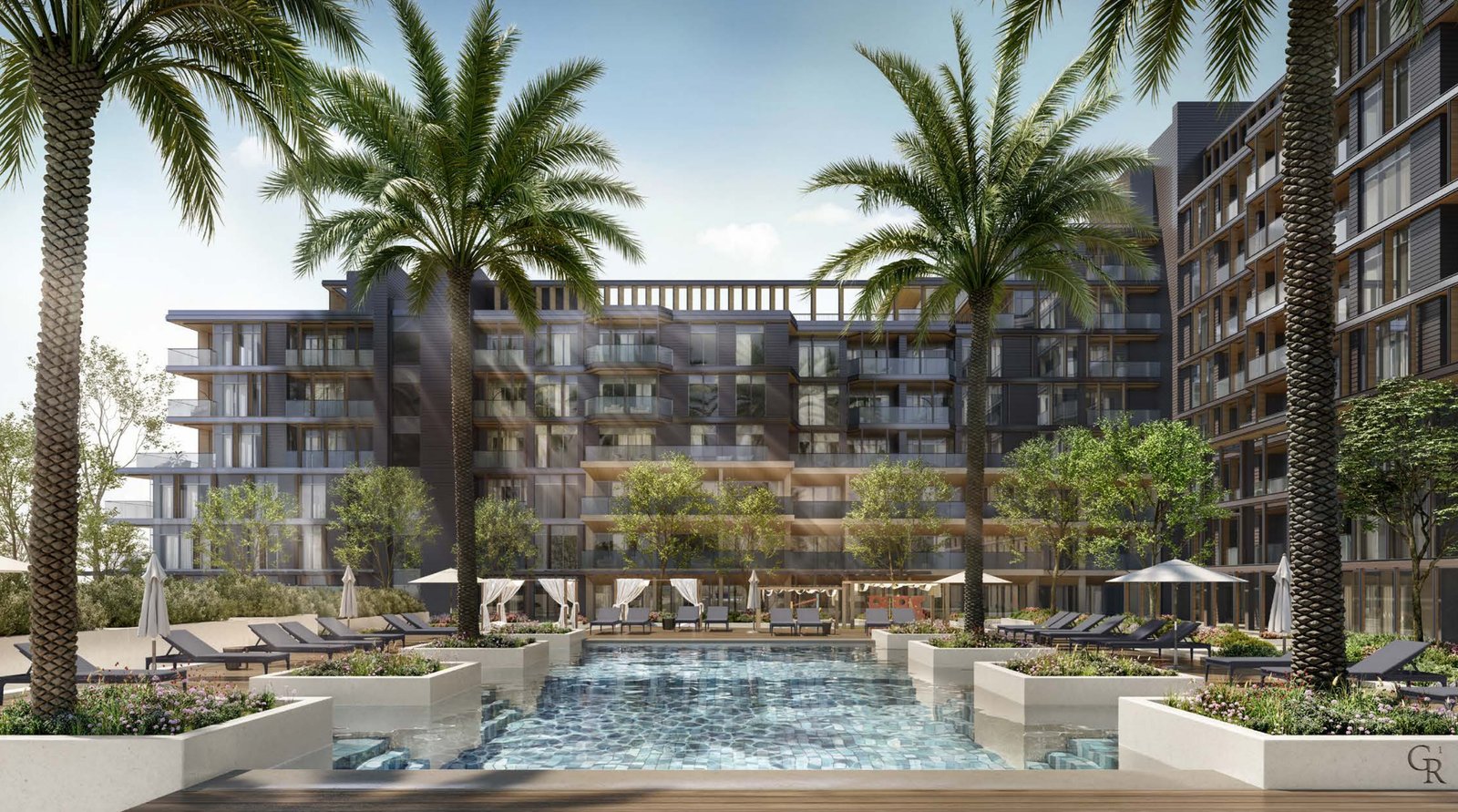 Luxury apartment exterior at Grove Gallery Views Saadiyat Island Abu Dhabi showcasing modern architecture and premium residential lifestyle community.