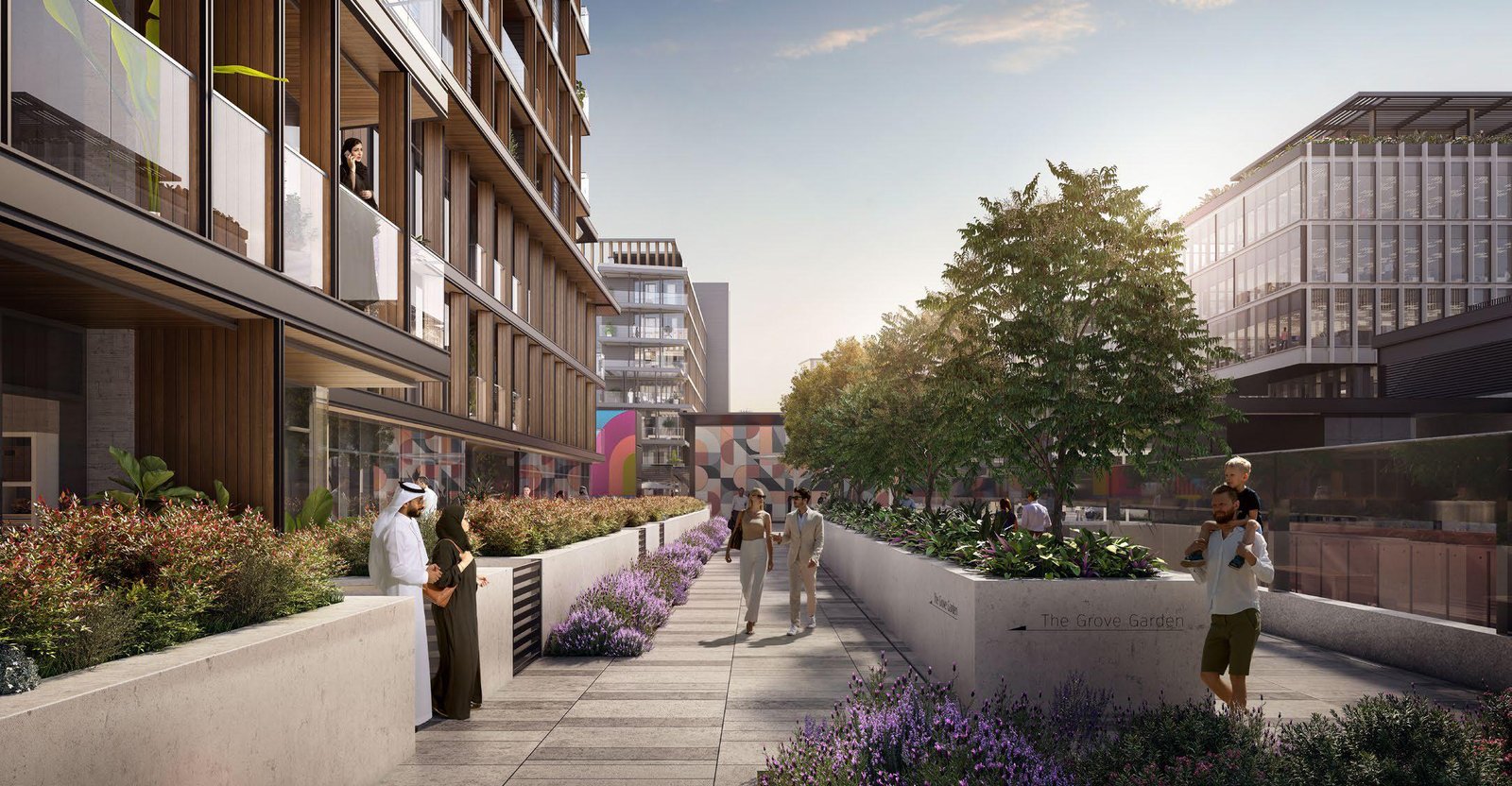 Grove Uptown Views Saadiyat Island exterior featuring elegant apartments, green spaces, and premium lifestyle development in Abu Dhabi cultural district