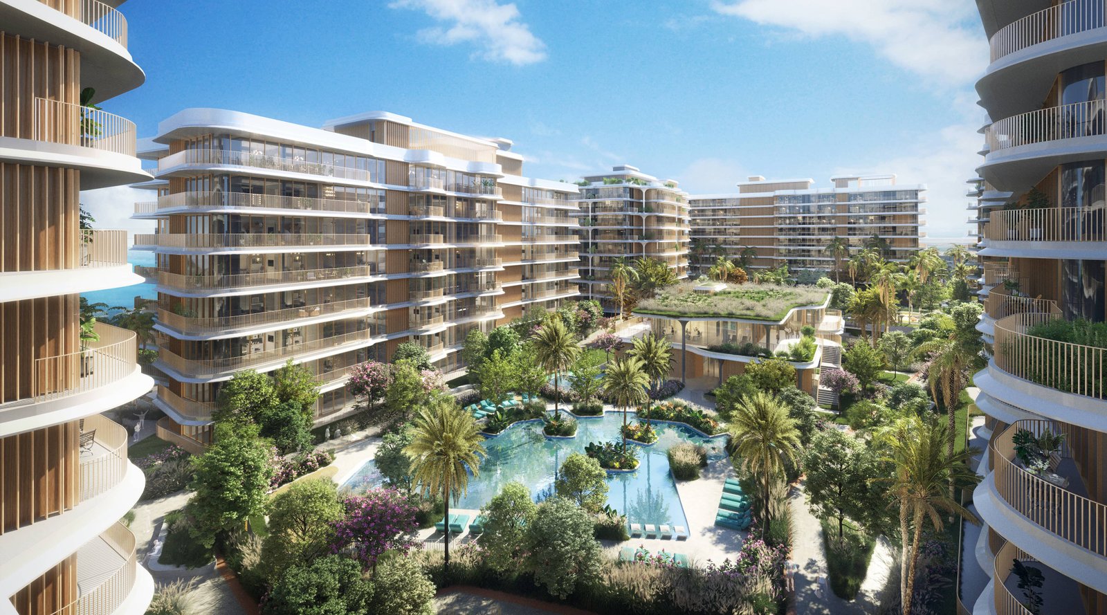 Aerial view of Mamsha Gardens showcasing beachfront living and landscaped community