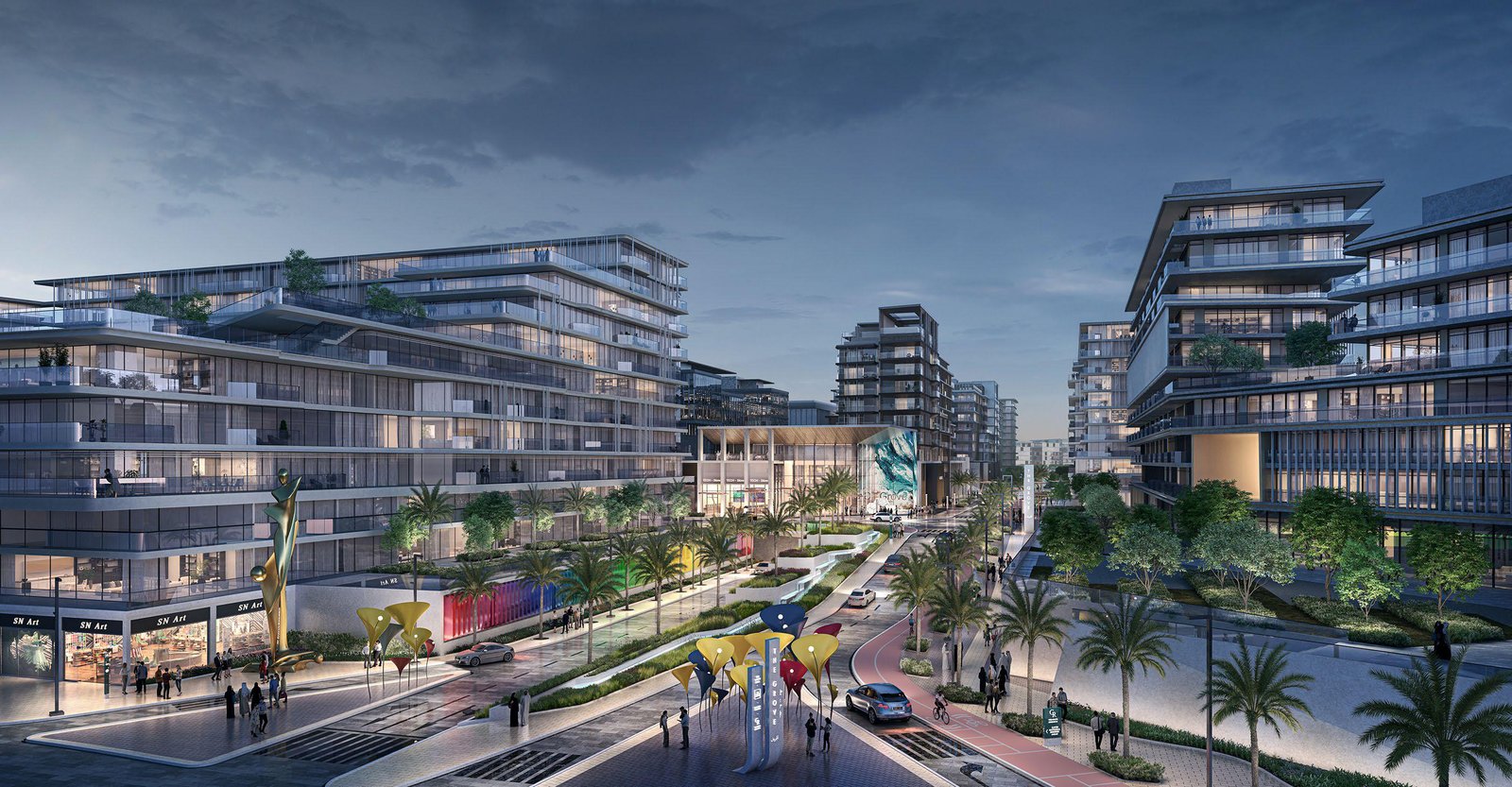 Grove Uptown Views Saadiyat Island Abu Dhabi exterior showcasing modern residential architecture, lush greenery, and cultural district lifestyle