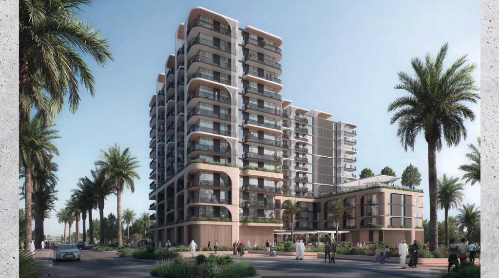 Contemporary apartment buildings at Manarat Living II with landscaped surroundings and premium amenities